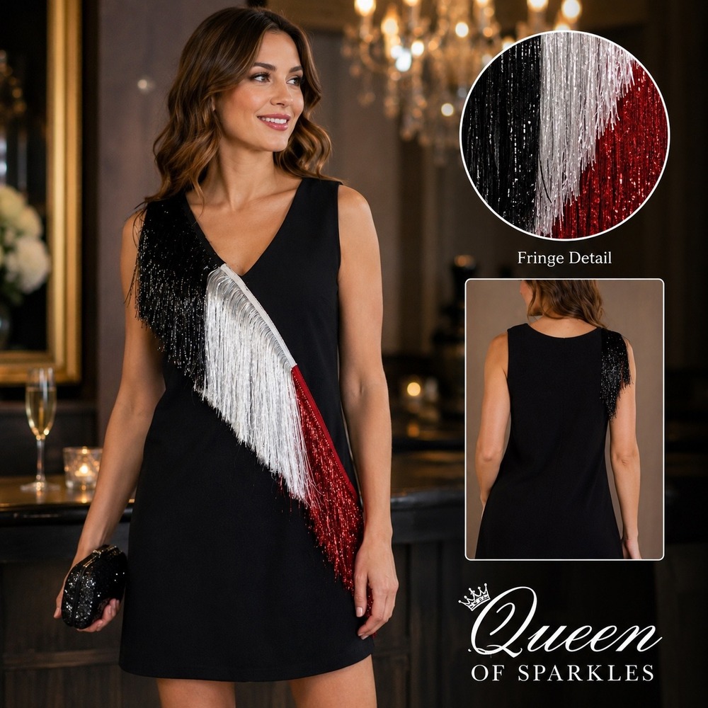 Queen Of Sparkles Fringe Dress XS Black Red White Sequin Party Nashville Glam